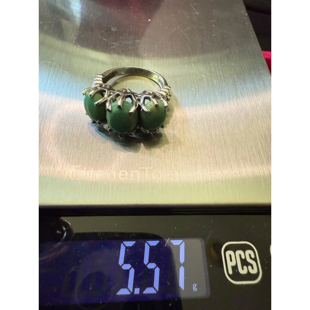 Unique Green Turquoise Three-Stone Women's Ring - Sterling Silver